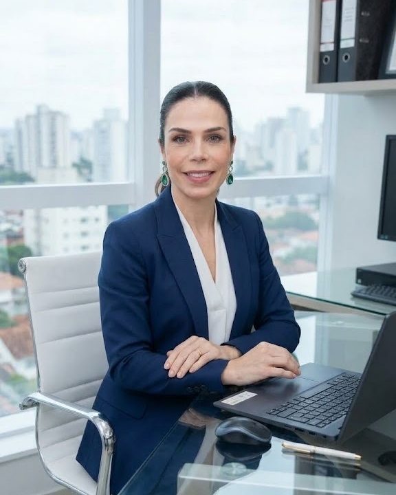 Mariana Siqueira, psicóloga, sentada à mesa do consultório com blazer azul-marinho
